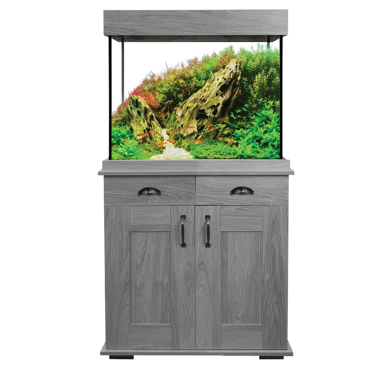 Fluval Shaker 66 Gallon Aquarium Kit Black & Whiteriver Grey Oak Stand (Tank, Stand, Filtration, Lighting)